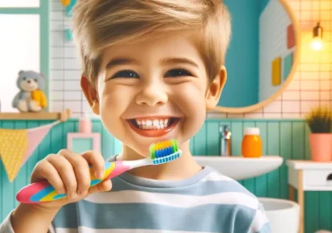 a boy holding a toothbrush in front of a bathroom