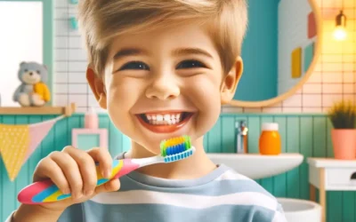 a boy holding a toothbrush in front of a bathroom