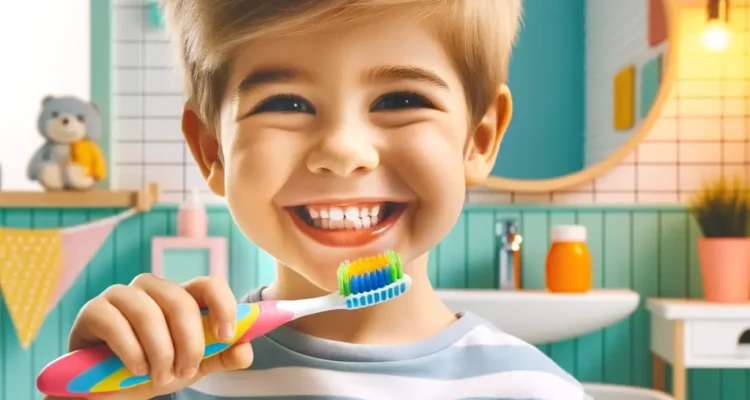 a boy holding a toothbrush in front of a bathroom