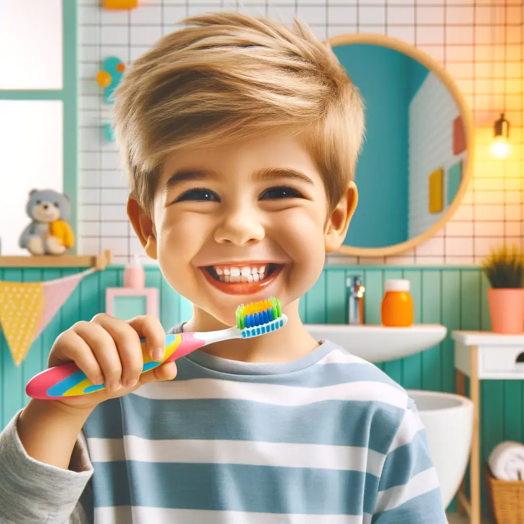 a boy holding a toothbrush in front of a bathroom